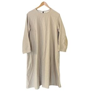 MUJI Simple Crewneck Long Sleeve Flannel Midi Dress in Beige